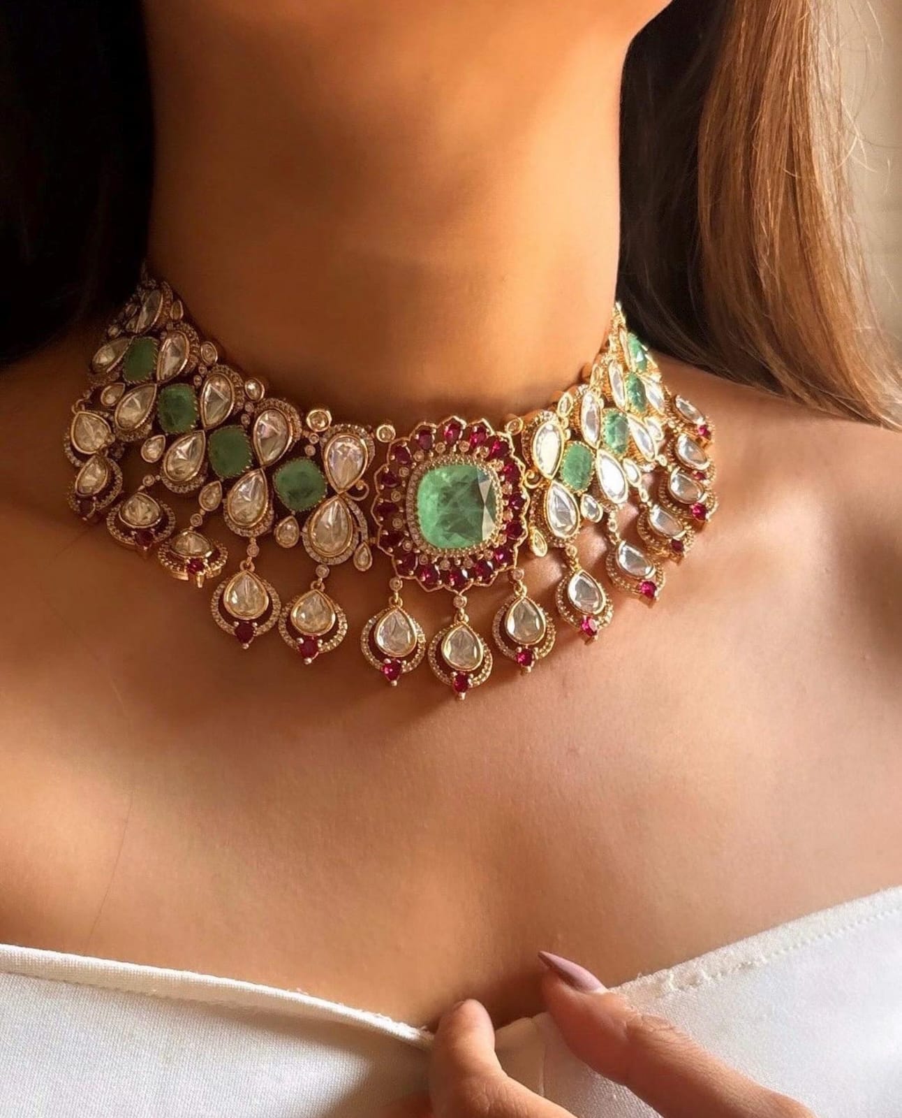 Gold Finish Moissanite Polki & Green Crystal Choker Necklace Set - Image 10