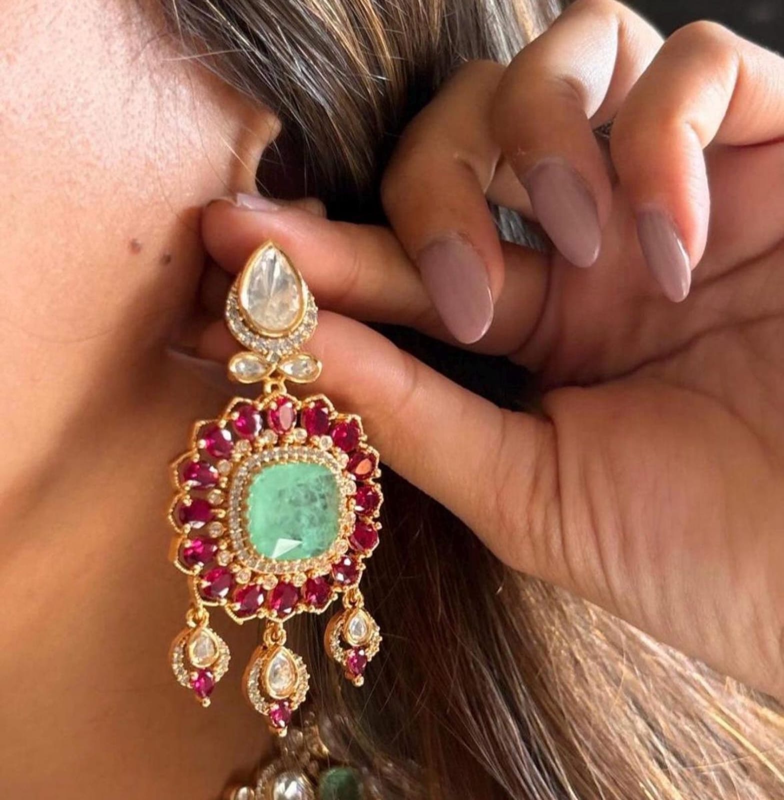 Gold Finish Moissanite Polki & Green Crystal Choker Necklace Set - Image 6