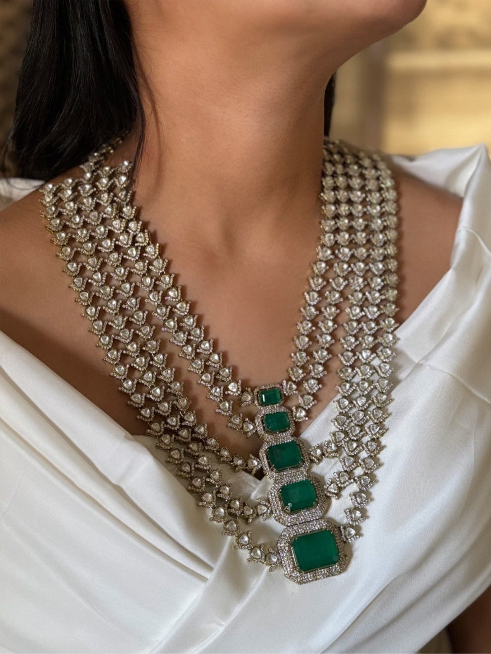 Emerald Polki Kundan Bridal Necklace Set - Image 3