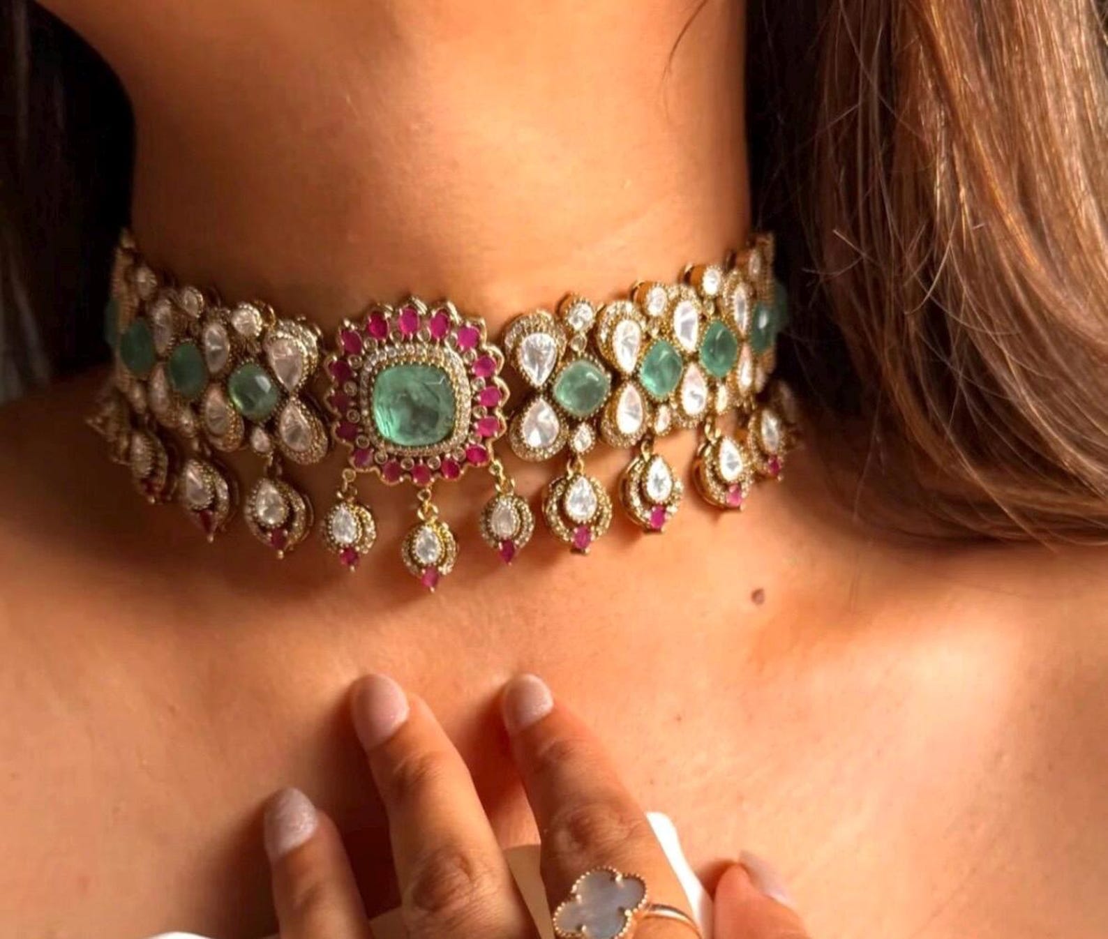 Gold Finish Moissanite Polki & Green Crystal Choker Necklace Set - Image 2