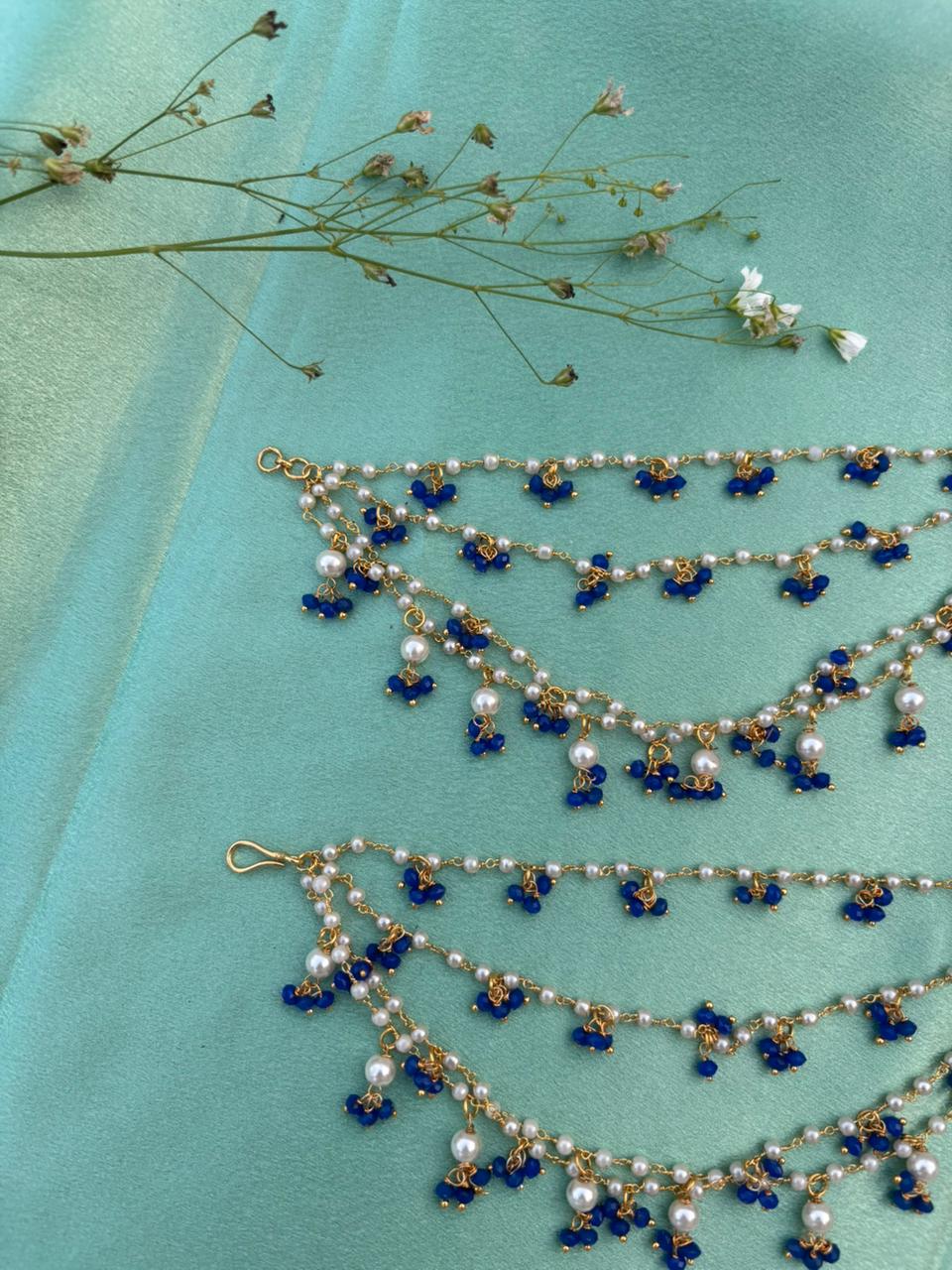 Royal Blue Pearl Drop Ear Chain - Image 2