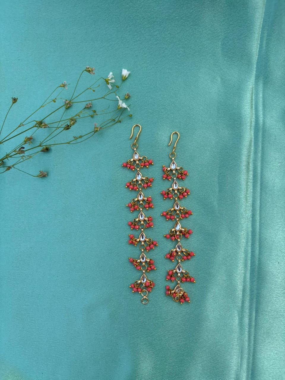 Peach Floral Drop Ear Chain Earrings