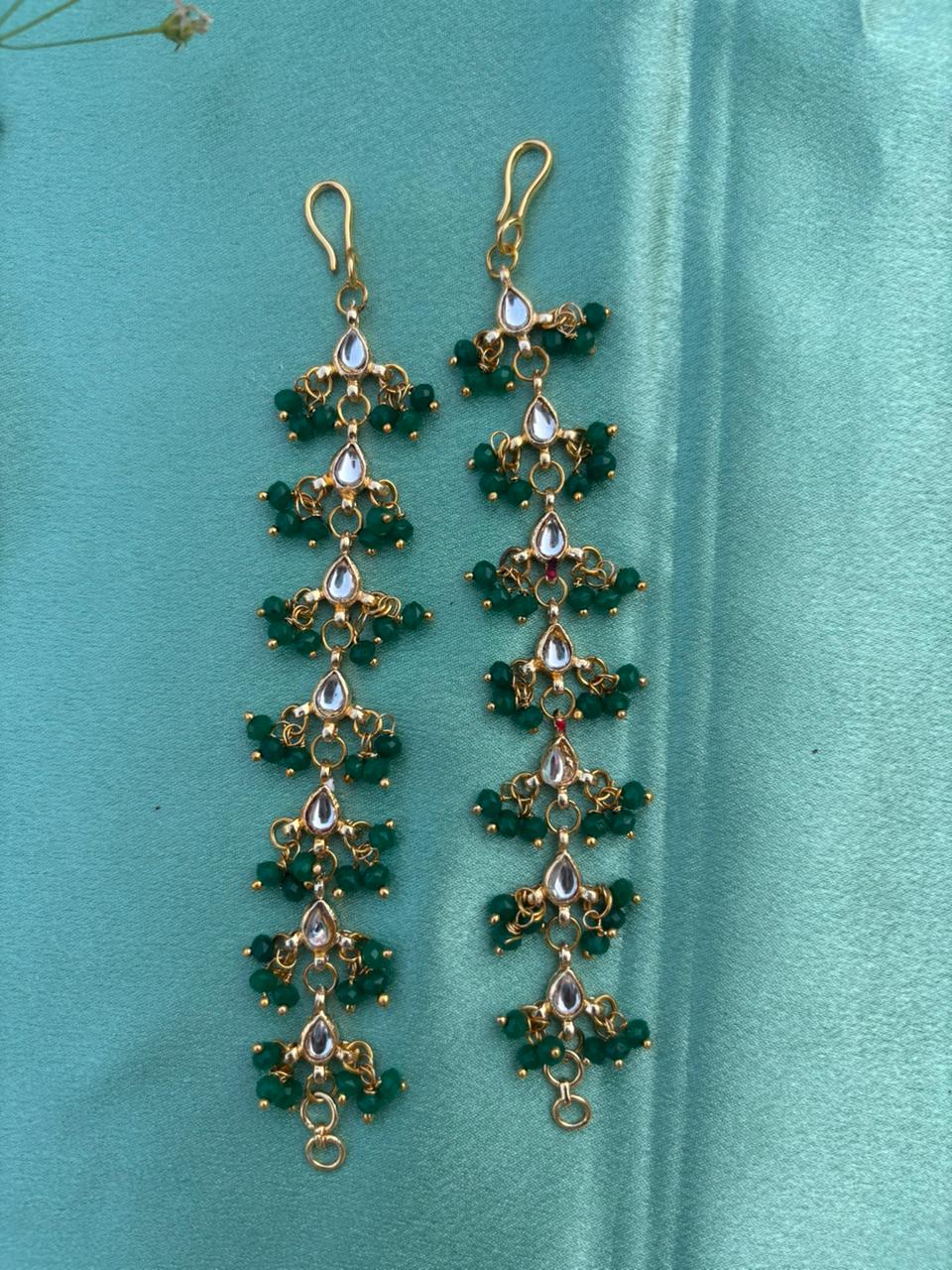 Green Floral Drop Ear Chain Earrings - Image 2