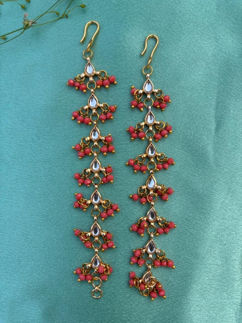 Peach Floral Drop Ear Chain Earrings - Image 2