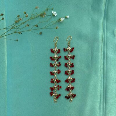Maroon Floral Drop Ear Chain Earrings