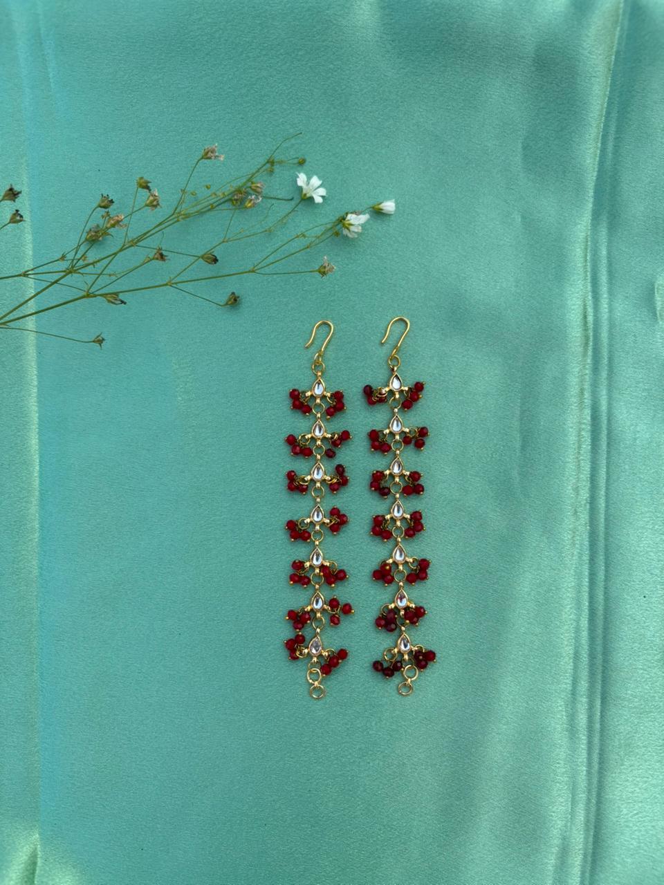 Maroon Floral Drop Ear Chain Earrings