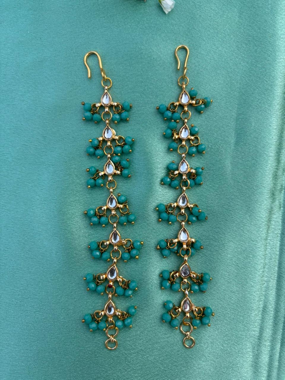 Turquoise Floral Drop Ear Chain Earrings - Image 2