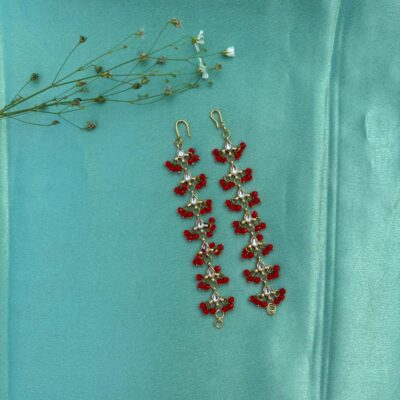 Red Floral Drop Ear Chain Earrings