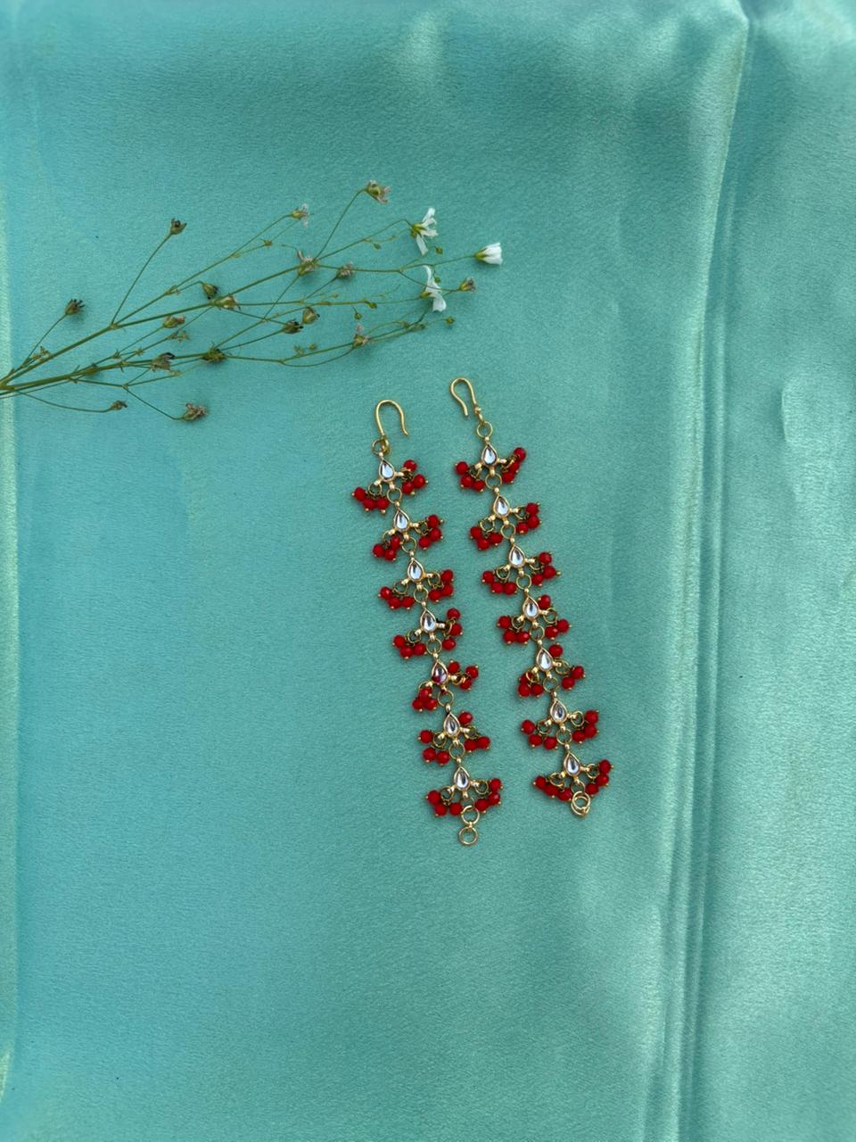 Red Floral Drop Ear Chain Earrings