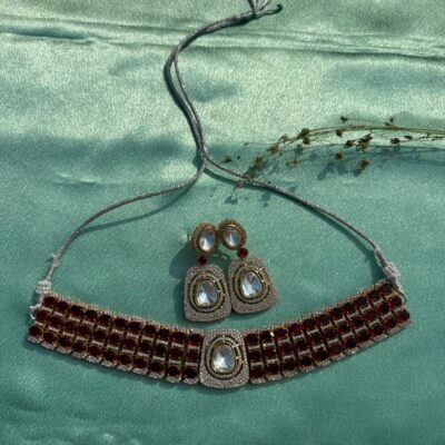 Gold Plated Zari Zircon Embellished Necklace Set