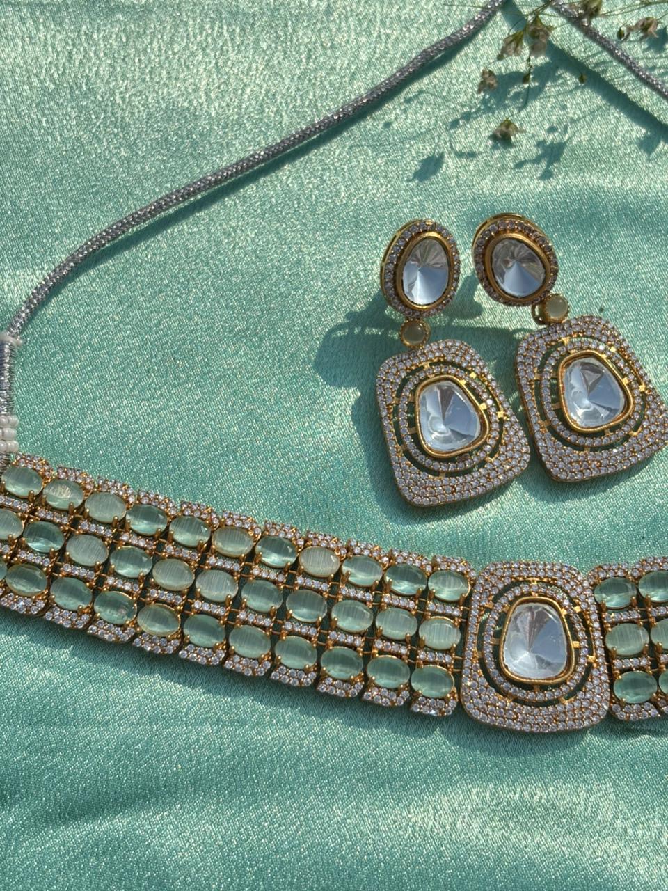 Gold Plated Zari Zircon Embellished Necklace Set - Image 2