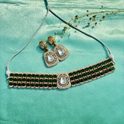 Gold Plated Zari Zircon Embellished Necklace Set