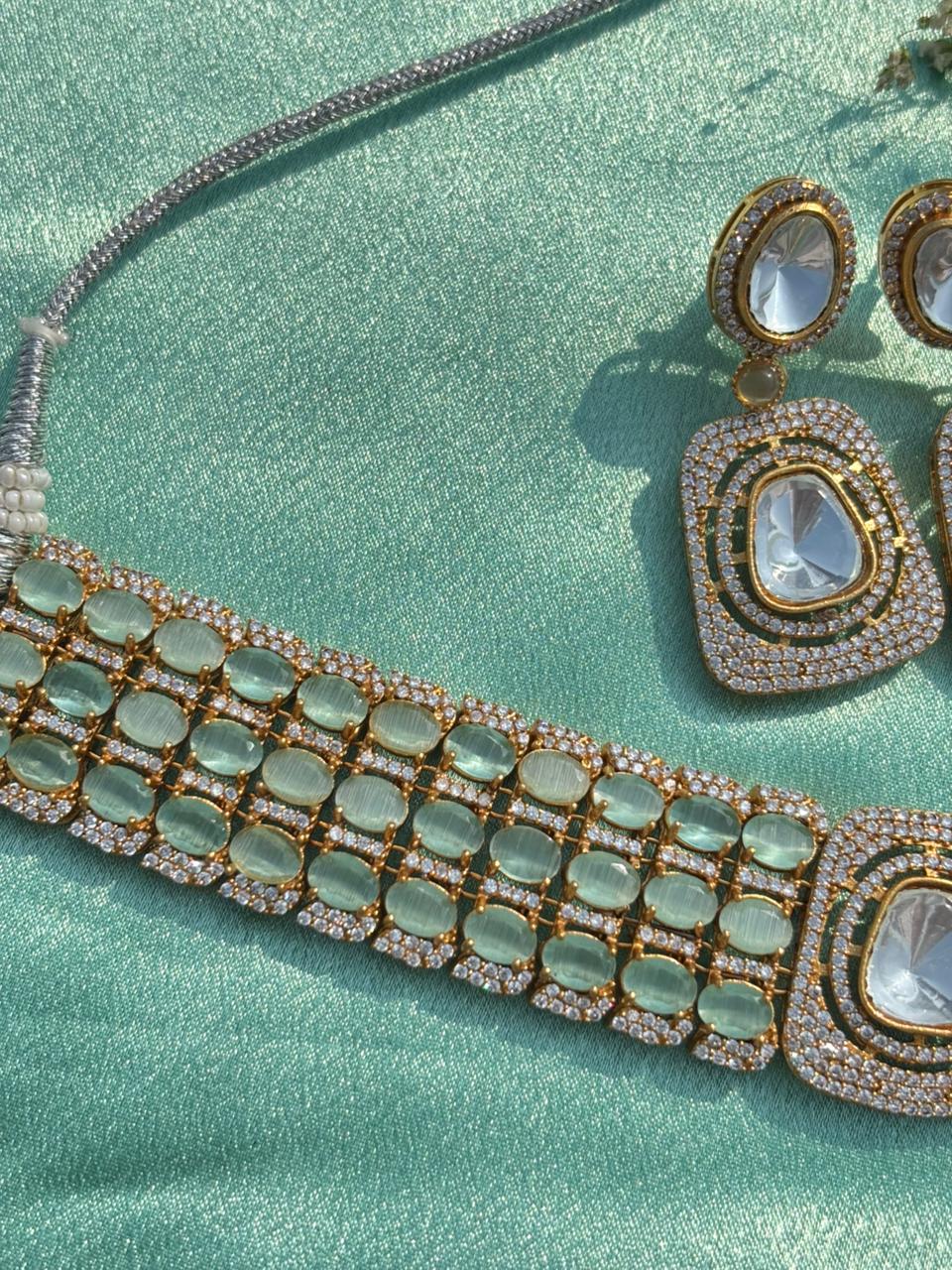Gold Plated Zari Zircon Embellished Necklace Set - Image 4