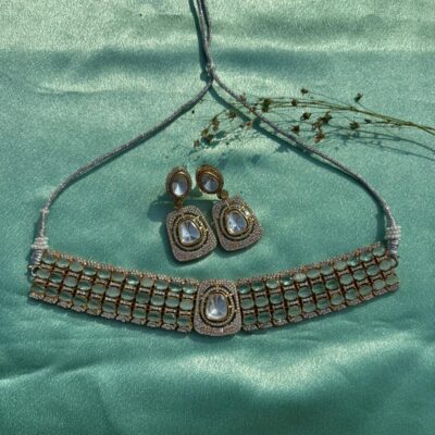 Gold Plated Zari Zircon Embellished Necklace Set