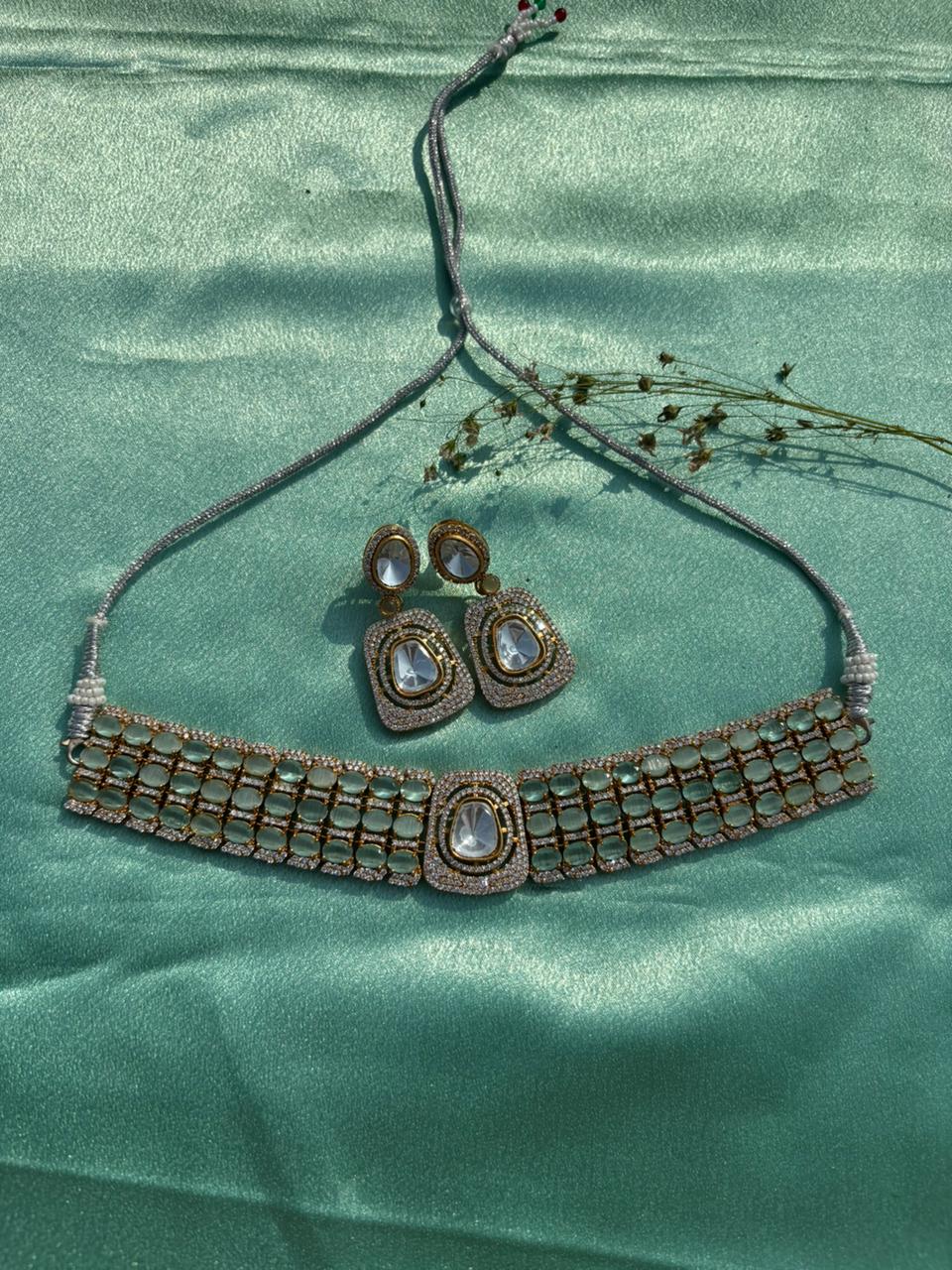 Gold Plated Zari Zircon Embellished Necklace Set