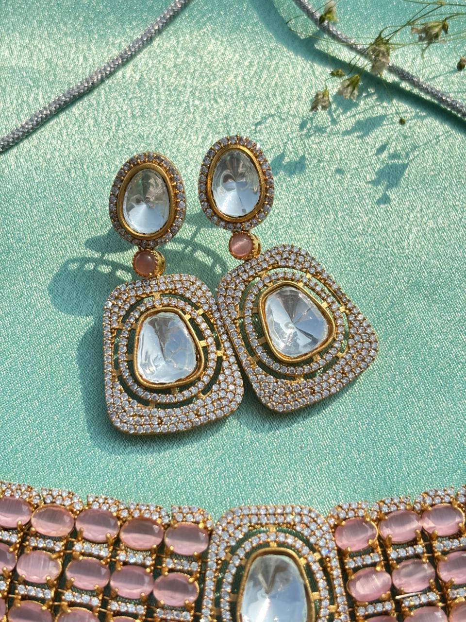 Gold Plated Zari Zircon Embellished Necklace Set - Image 4