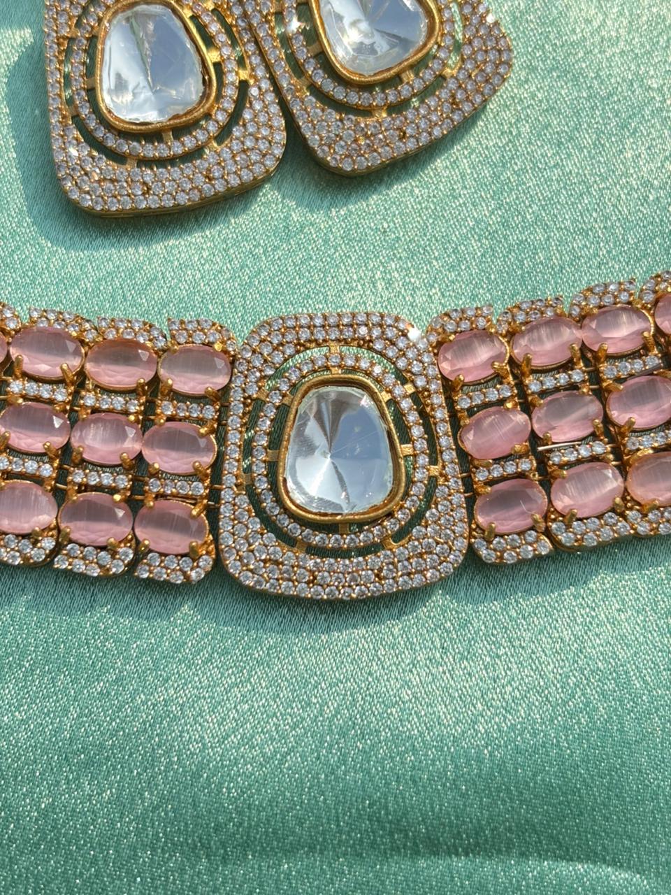 Gold Plated Zari Zircon Embellished Necklace Set - Image 3