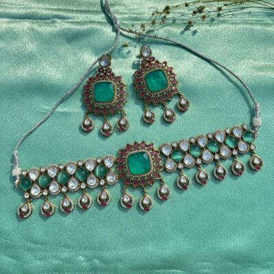 Mint Green Victorian Moissanite Polki Kundan Choker Necklace