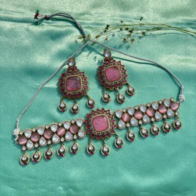 Pink Victorian Moissanite Polki Kundan Choker Necklace