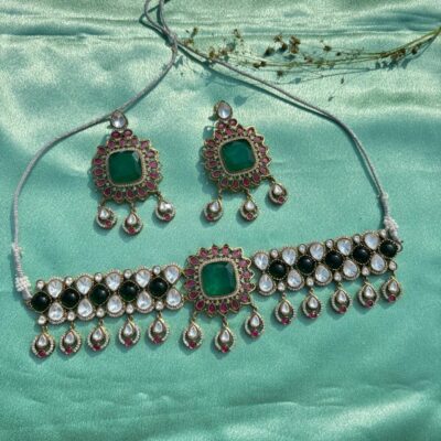 Emerald Green Victorian Moissanite Polki Kundan Choker Necklace
