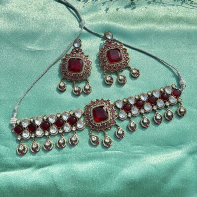 Ruby Red Victorian Moissanite Polki Kundan Choker Necklace
