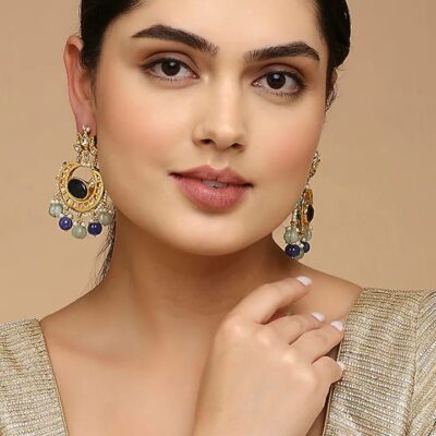 Blue Stones, Pearls Floral Drop Half Moon Earrings