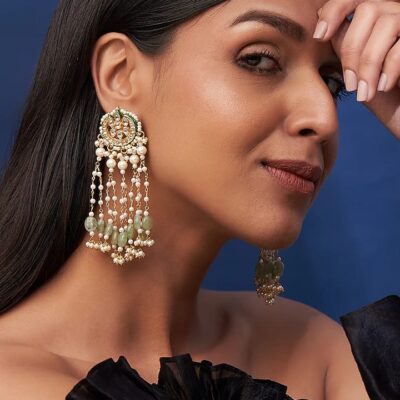 Gold Finish Green Imitation Polki & Semi-Precious Stone Dangler Earrings