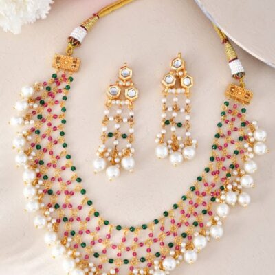 Gold-Plated Stone-Studded & Beaded Jewellery Set