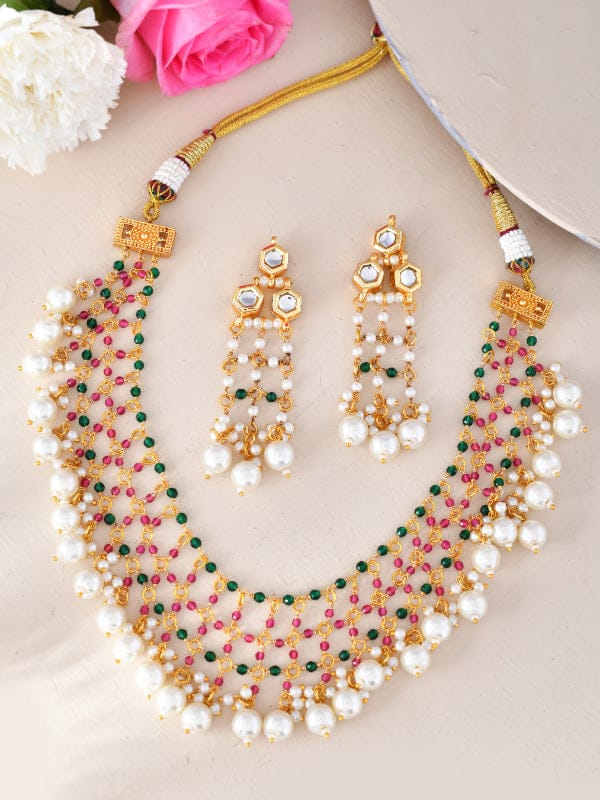 Gold-Plated Stone-Studded & Beaded Jewellery Set