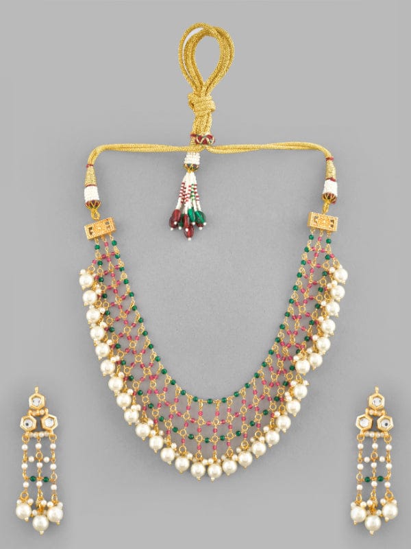 Gold-Plated Stone-Studded & Beaded Jewellery Set - Image 3