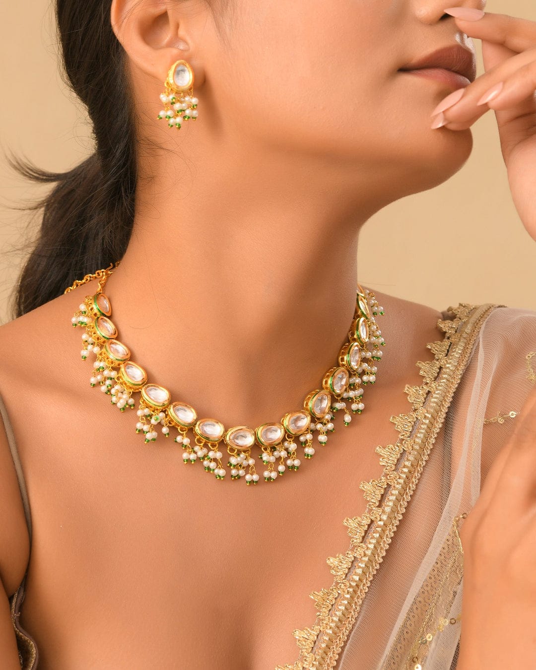 Gold-Plated Kundan-Studded & Beaded Jewellery Set - Image 4