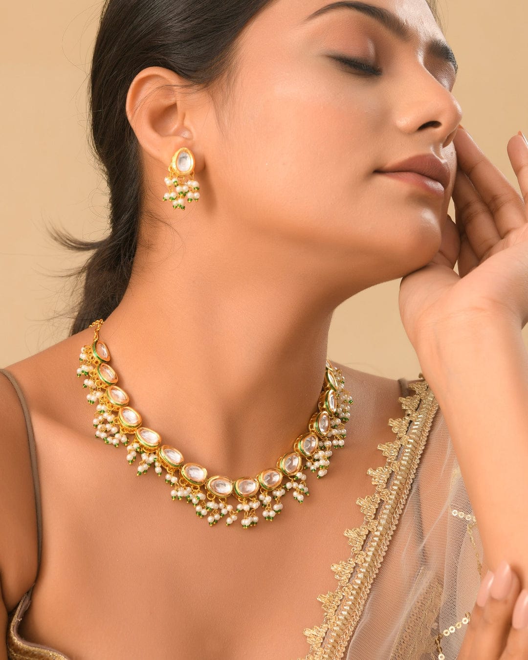 Gold-Plated Kundan-Studded & Beaded Jewellery Set - Image 3