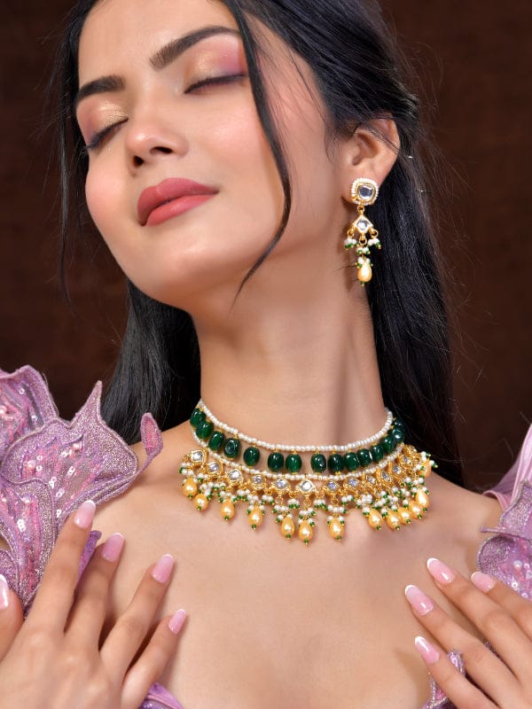 Green Gold Plated Designer Necklace and Earrings - Image 4