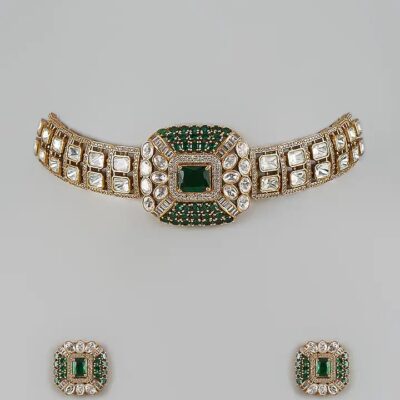 Gold Finish Uncut Zircon & Emerald Green Stone Choker Necklace Set