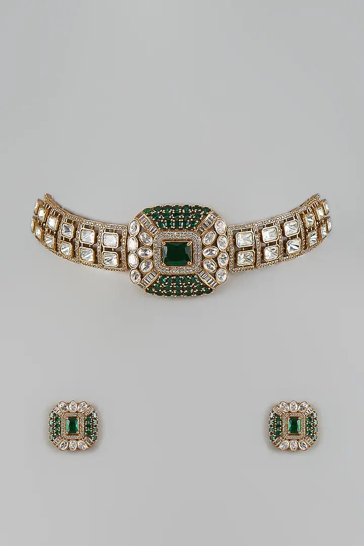 Gold Finish Uncut Zircon & Emerald Green Stone Choker Necklace Set