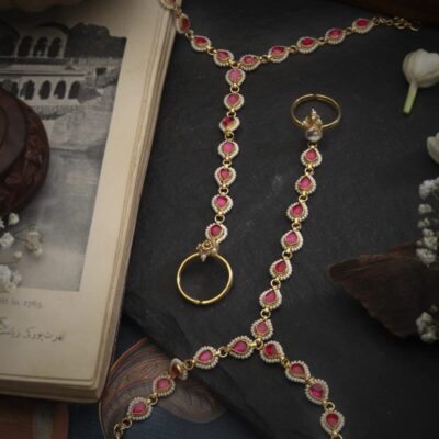 Gold Finish Red Kundan Polki Hathphool (Pack Of 2)