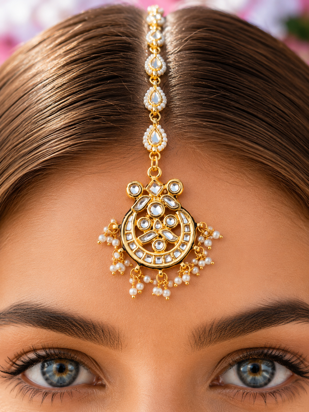 Gold Plated Kundan With White Pearl Maangtika