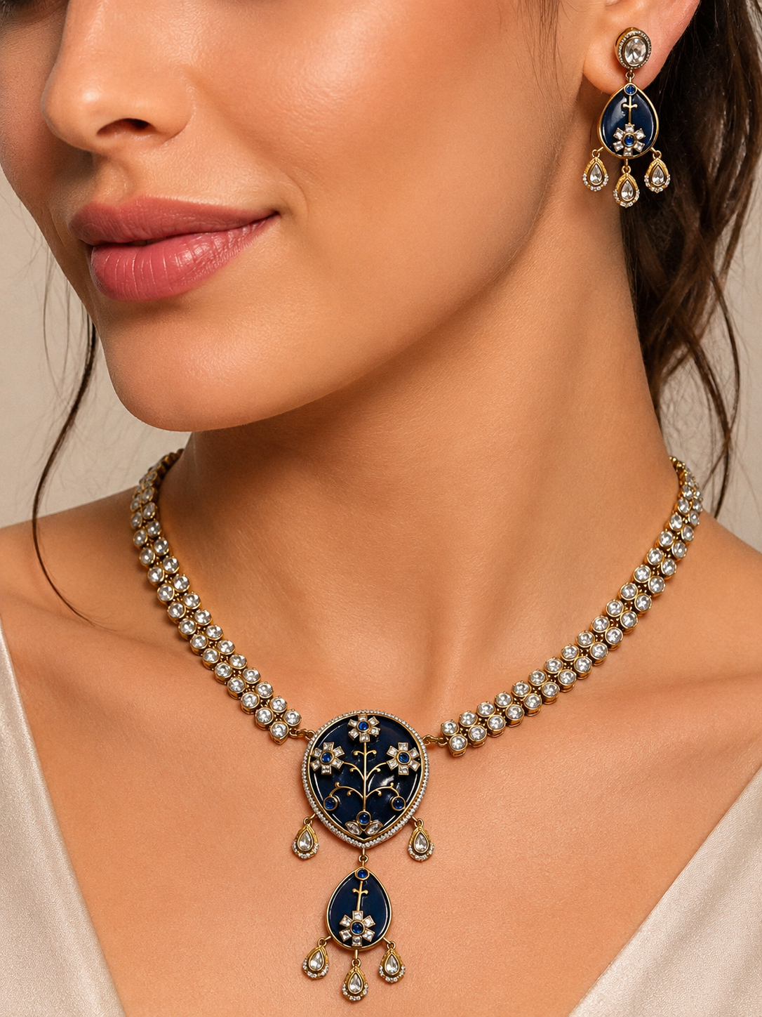 Kundan Blue Floral Pendant Necklace Set