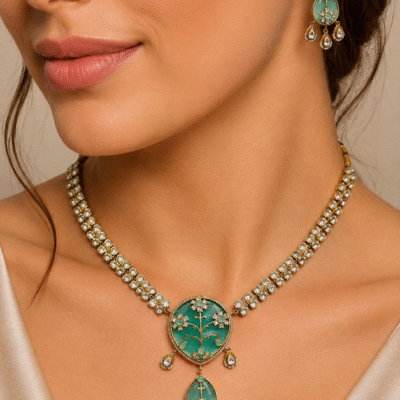 Kundan Green Floral Pendant Necklace Set