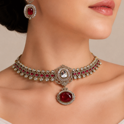 Ruby Red Baguette Choker Necklace Set