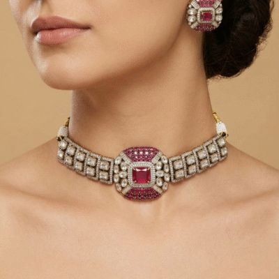 Victorian Ruby Choker Set Antique Silver Pink Stone Bridal Jewelry with Earrings