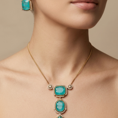 Gold Finish Green Kundan Polki Chain Pendant Necklace Set