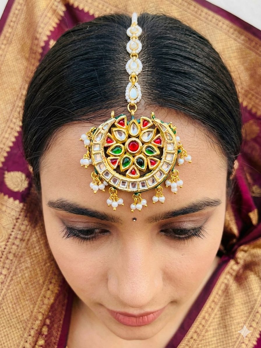 Gold Plated Kundan With White Pearl Maangtika