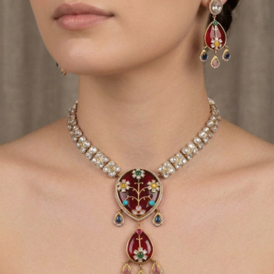 Kundan Maroon Floral Pendant Necklace Set