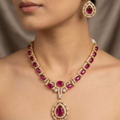 Ruby Teardrop Necklace Set Antique Gold Pink Stone Bridal Jewelry with Earrings
