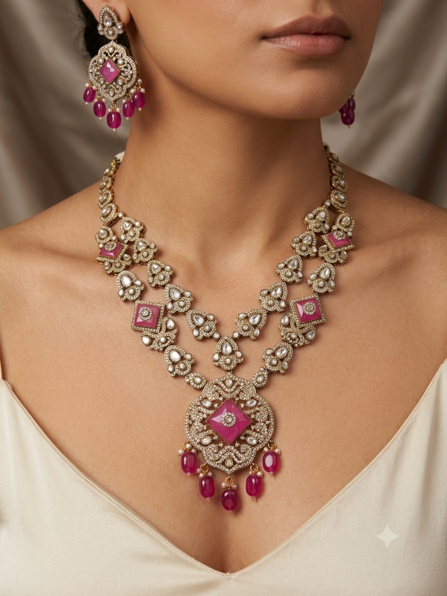 Victorian Hot Pink Long Haar Set Antique Gold Pink Bead Bridal Jewelry with Earrings