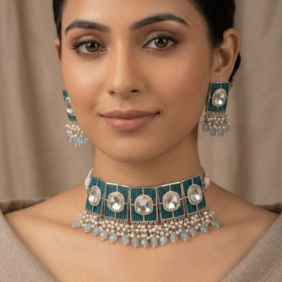 Polki Blue Beaded Choker Necklace Set
