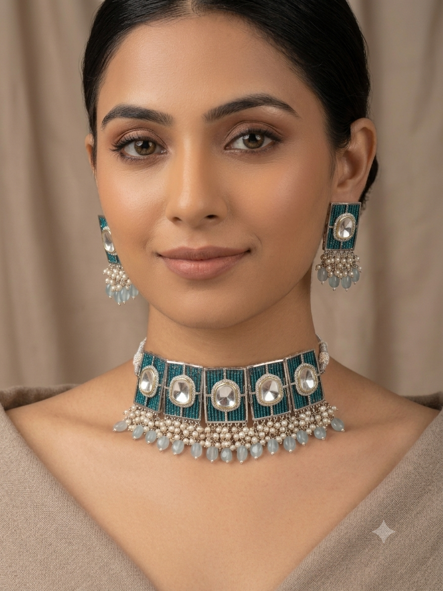 Polki Blue Beaded Choker Necklace Set