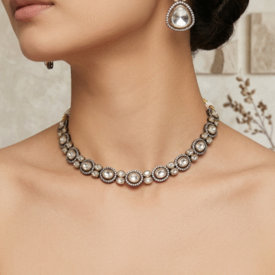 Victorian Polki Necklace Set Antique Silver Kundan Bridal Jewelry with Earrings