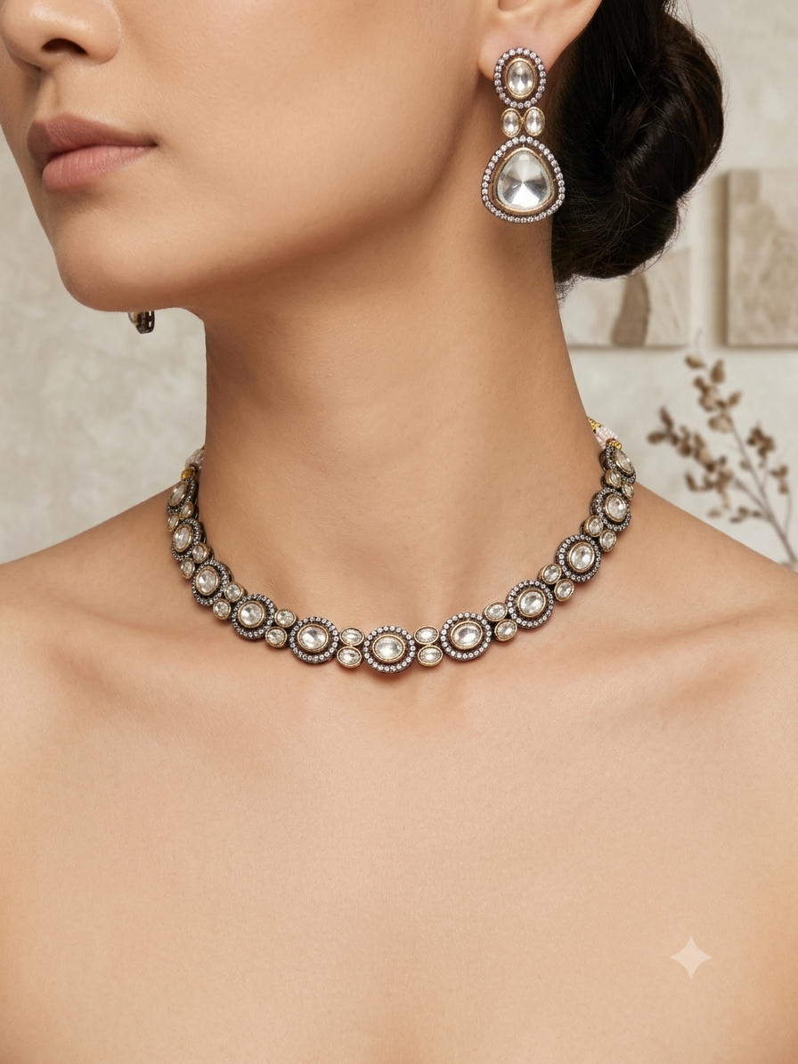 Victorian Polki Necklace Set Antique Silver Kundan Bridal Jewelry with Earrings